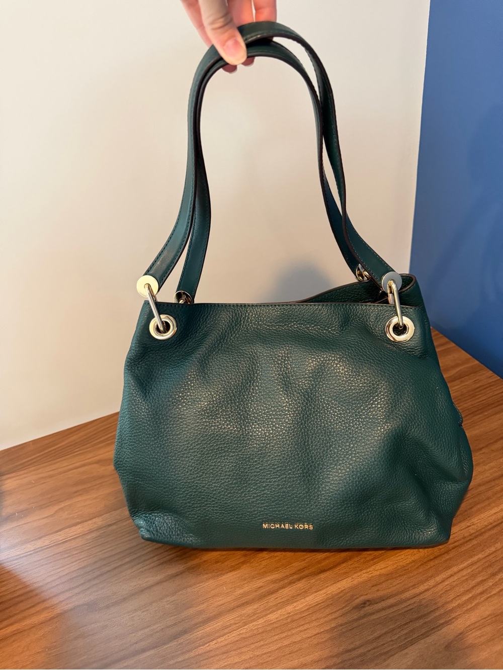 Michael Kors Dark Green Pebbled Leather Shoulder Bag with Gold Hardware